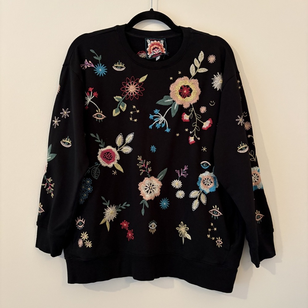 Johnny Was Martine 3/4 Sleeve Sweatshirt Embroidered Floral Black L Boho Pockets